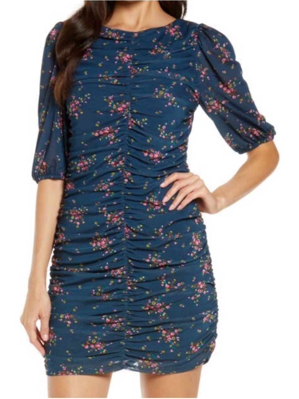 Charles Henry Ruched Floral Mini Dress Navy Bouquet - Medium NWT